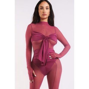 Women's Front Tie all Mesh Jumpsuit Long Sleeve Mock Neck Polyester Spandex